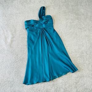 vintage retro y2k teal silky mini cocktail dress off-shoulder one strap Monique